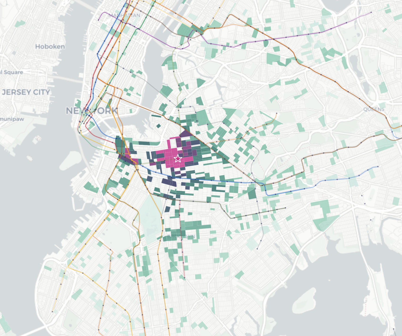 Placecast Profiles — NYC trade-area density: visits, dwell, origin