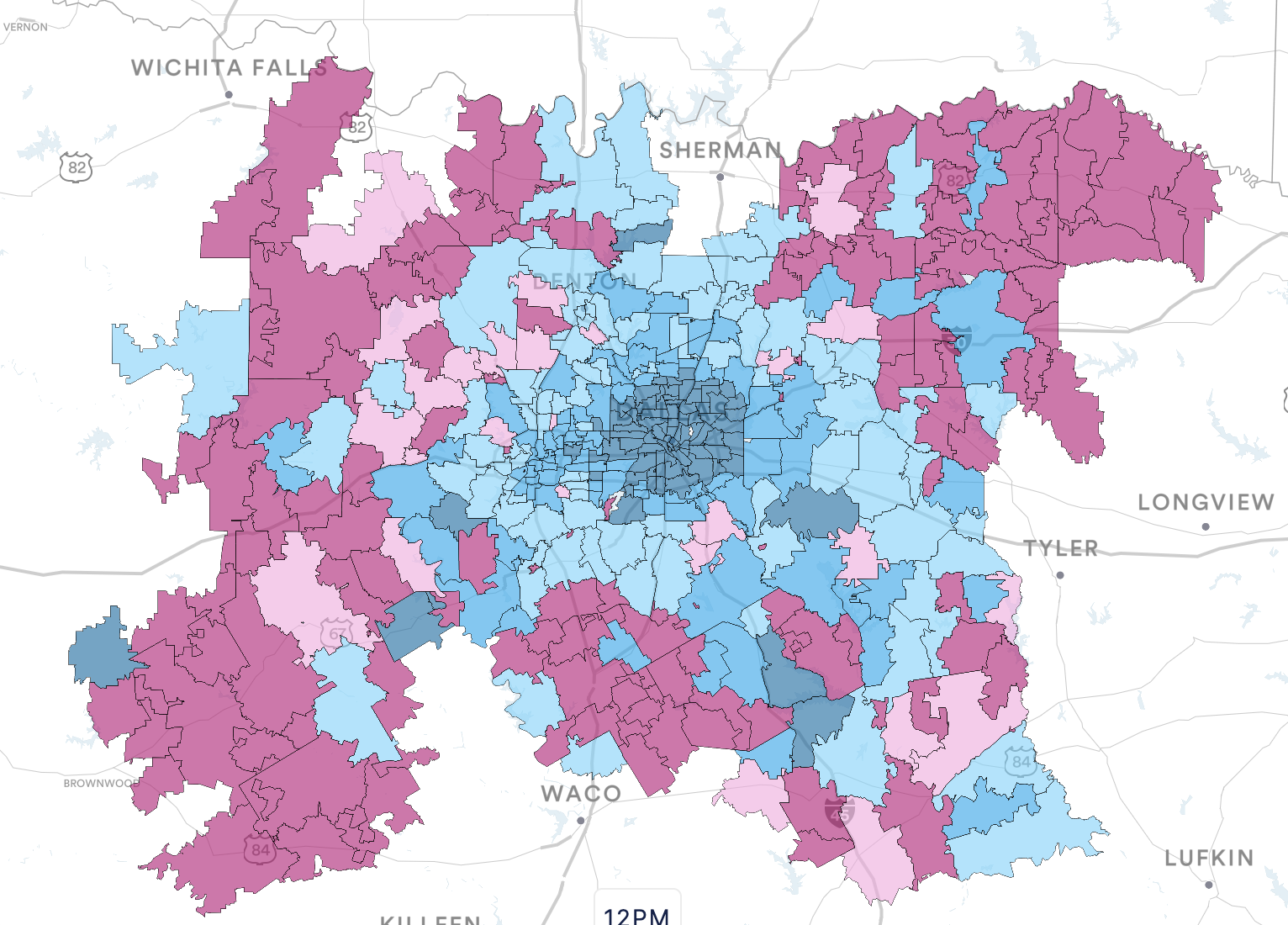 Dallas-Ft. Worth population activity at 12 PM — dense downtown blue, depleted outer pink, Popcast Anytime